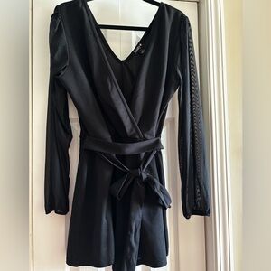 Justify Elegant Black Romper Sheer sleeve Plunging V neckline Belted sash waist